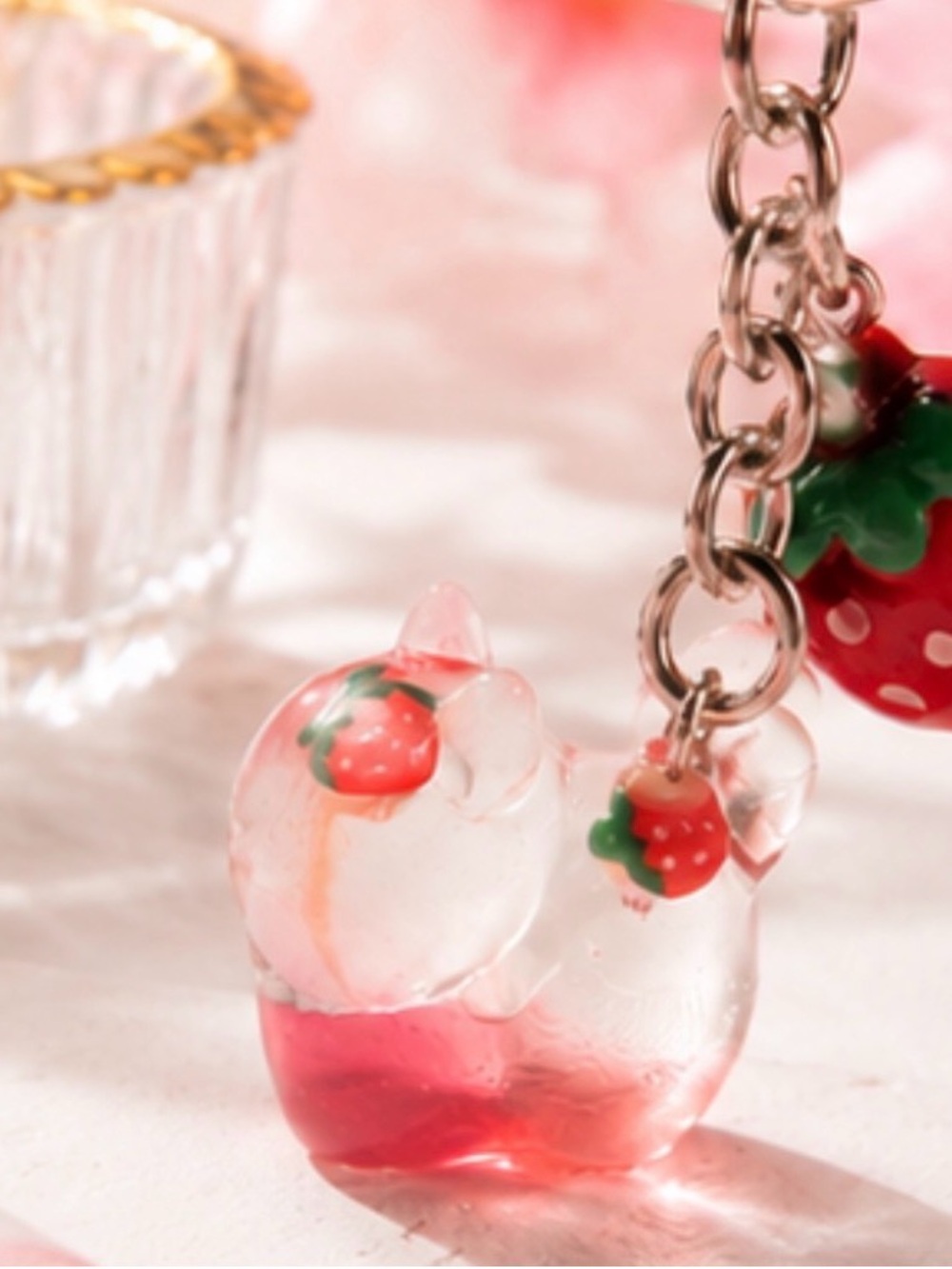 Clear Pink Strawberry Cat Keychain Charm